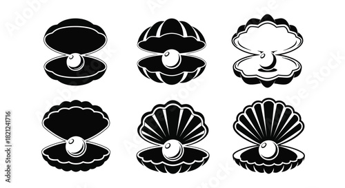 Collection of six stylized black and white illustrations of open oysters revealing a single pearl