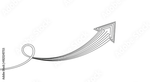 Abstract minimalist black and white graphic design of a looping line evolving into a layered arrow pointing upwards