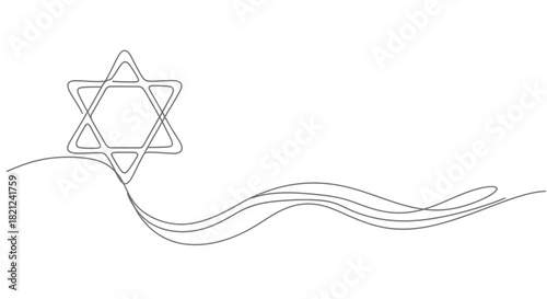 Minimalist single line drawing of a star of david intertwined with flowing waves on a white background