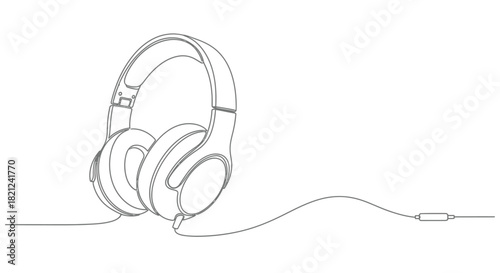 Minimalist single line drawing of over ear headphones with a connecting cable and plug on a white background