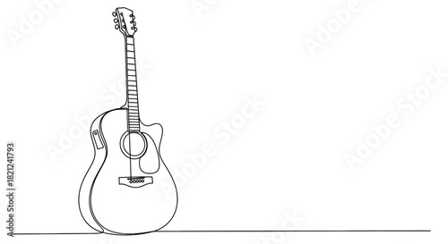 Minimalist single line drawing of an acoustic guitar standing on a horizontal line against a white background