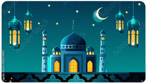Cartoon mosque with lanterns and a crescent moon
