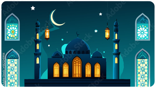 Illustration of a mosque at night with lanterns