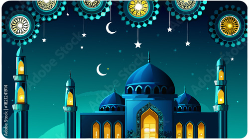 Illustration of a mosque at night with decorations
