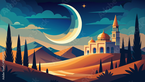 Illustration of mosque with moon and desert view
