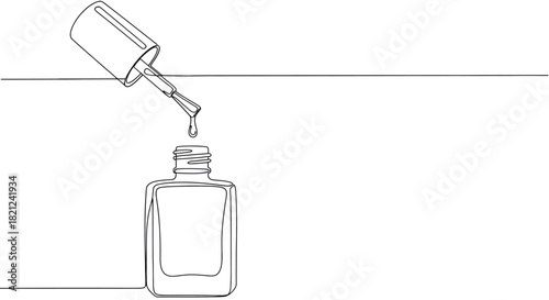 Minimalist continuous line art of a nail polish bottle with a drop falling from the brush