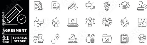 Agreement editable line icons set. contract and approval outline symbols