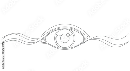 Abstract single line drawing of a stylized eye with swirling pupil and wavy lines on either side