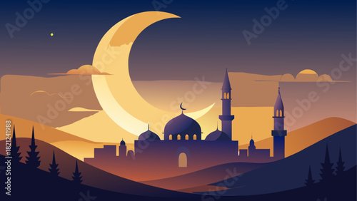 Illustration of a mosque with a crescent moon sky
