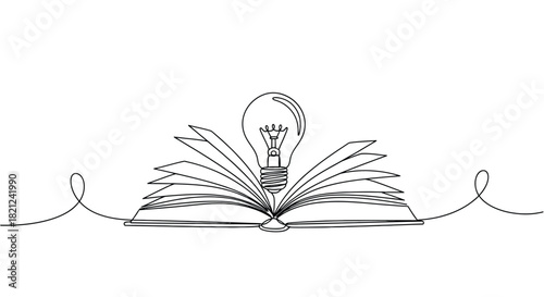 A single continuous line drawing depicts an open book with a glowing light bulb emerging from its pages signifying inspiration and knowledge