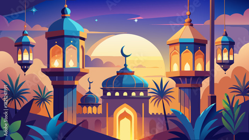 Illustration of a mosque at sunset with lanterns