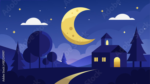 Illustration of a night landscape with moon house