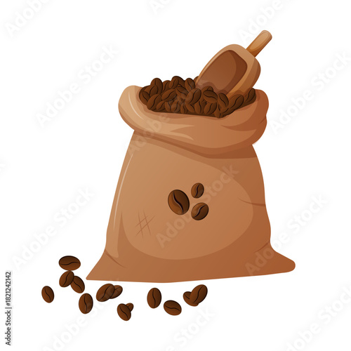 Burlap sack filled with roasted coffee beans with a wooden scoop