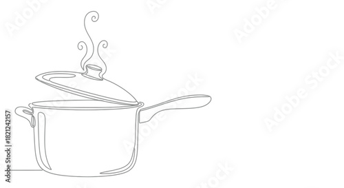 Minimalist single line drawing of a steaming pot with lid ajar on a white background