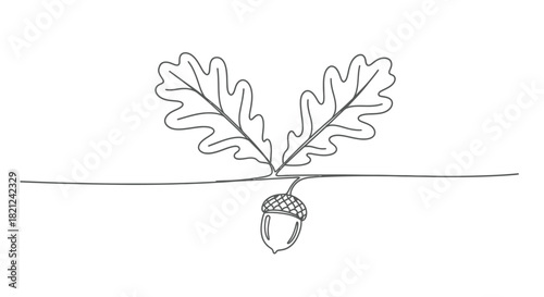 Minimalist line art depicting an acorn hanging from a branch with two oak leaves