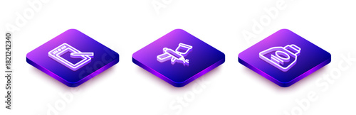 Set Isometric line Graphic tablet, Paint spray gun and Inkwell icon. Vector