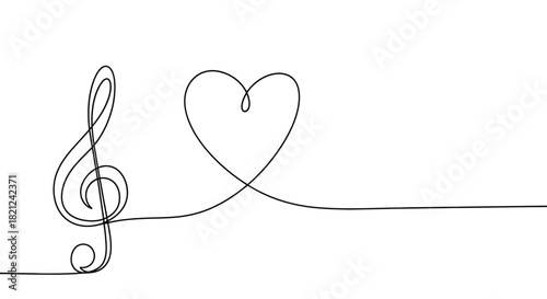 Elegant single line drawing connecting a treble clef symbol with a heart shape symbolizing love for music