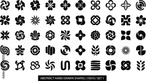 Abstract hand-drawn shape vector set, black decorative icons, floral and geometric patterns, symmetrical design elements, creative motif artwork collection