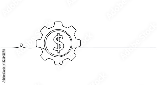 Minimalist continuous line drawing of a gear with a dollar sign inside symbolizing financial mechanics and economic efficiency