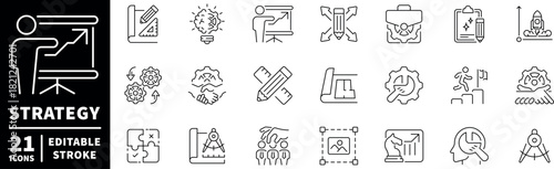 Strategy and business editable line icons set. planning and productivity symbols