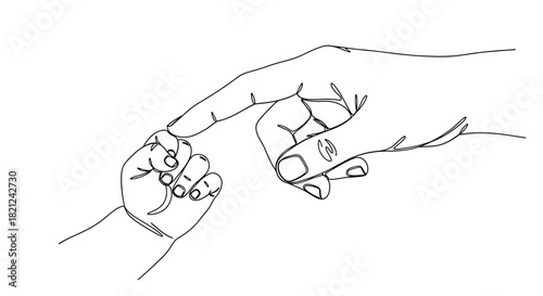 A delicate single line drawing captures the tender connection between a parent s finger and a baby s tiny hand