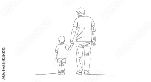 A father and his young son walking hand in hand depicted in a simple and elegant continuous line drawing style