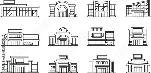 Architectural building vector set, urban line art, black and white city structures, commercial facade illustrations, civic design elements, modern outline style