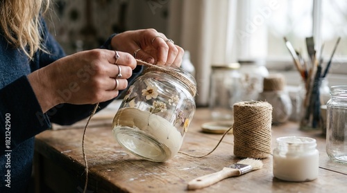 A woman meticulously crafts a stunning mason jar terrarium, skillfully intertwining delicate twine and arranging dried flowers, embodying the essence of mindful crafting and creative expression.