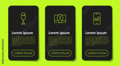 Set line Wine glass, Stacks paper money cash and Online sports betting. Business infographic template. Vector