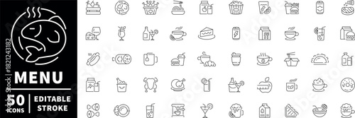 Menu related icons set. Food and drink icons set. editable line icons, outline, meal, beverage symbols