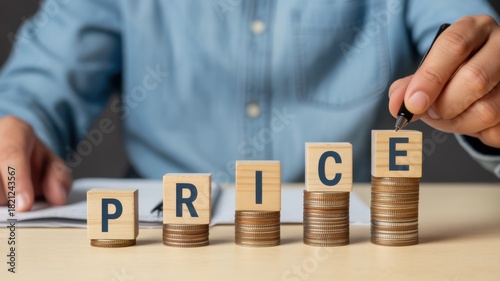 Financial Rise: a conceptual image showcasing a rise in price with hands carefully placing wooden blocks, representing financial growth and economic trends. 