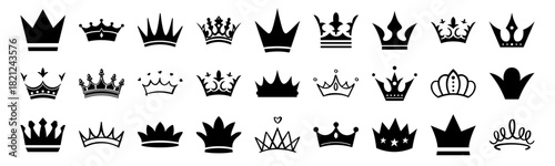 Crown icon. King, queen or princess crowns, luxury diadem vector silhouette. Black vintage tiara and imperial emblem, simple line symbol set. Authority decoration and classic monarch signs