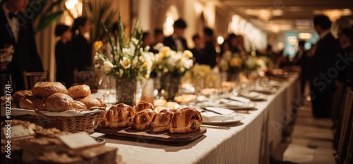 Elegant buffet table with bread, pastries, and floral arrangements.