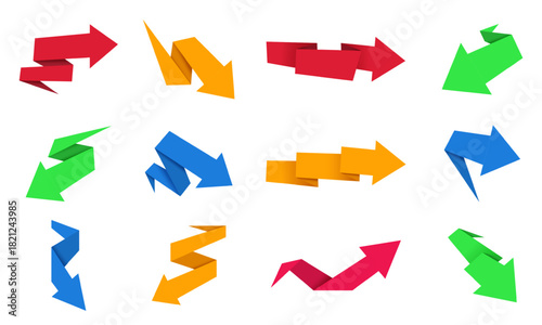 Abstract origami arrows. Cartoon arrow shapes, 3D direction paper retro symbols, navigation sign, pointer and color motion element. Vector isolated set
