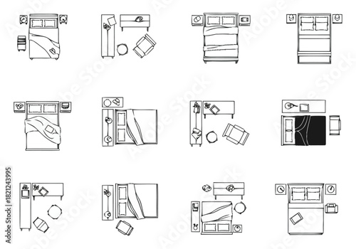 Top View Floor Plan Layouts for Bedrooms with Furniture Arrangement Options furniture icons interior design architecture
