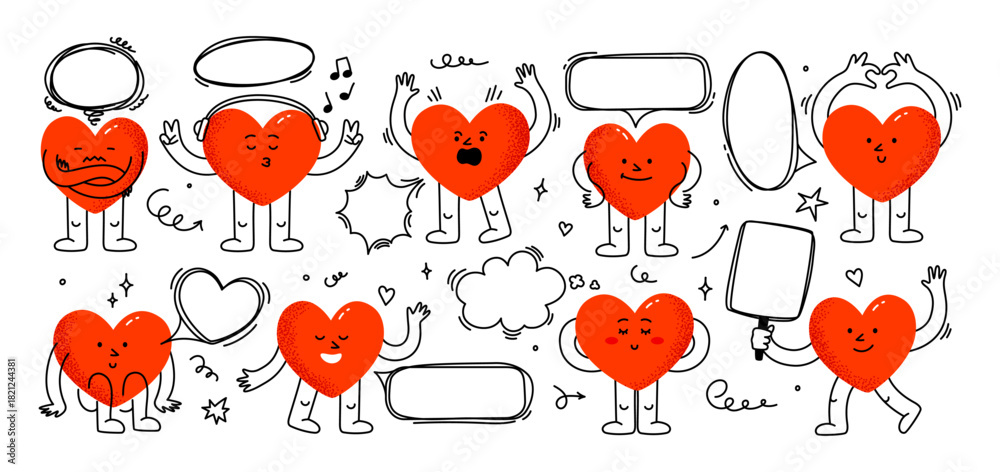 Fototapeta premium Doodle frames with heart mascot. Cartoon heart characters with speech bubble, hand drawn love symbols and message boxes, cute hearts mascots with quotation and thinking clouds vector set