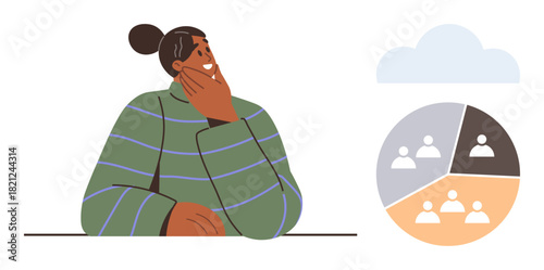 Person contemplating while looking at a demographic chart segmented into groups, cloud above. Ideal for teamwork, data analysis, decision-making, collaboration, diversity, strategy planning, modern
