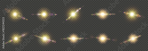 Realistic sun and light flare with 3d sunlight effect, gold bright glow vector set. Golden halo with rays and sparkle, warm solar burst. Beam, natural aura and camera lens flare