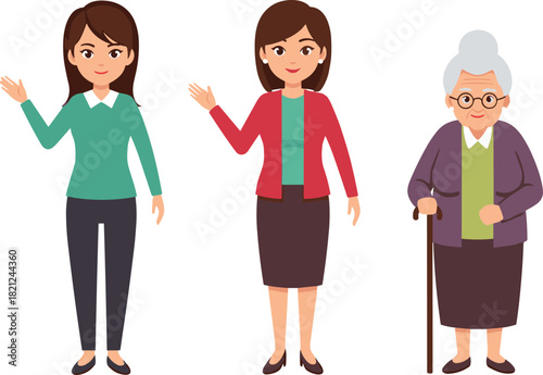 Woman life stages illustration showing adult, middle age and elderly grandmother aging process, generation lifestyle, family growth and character design