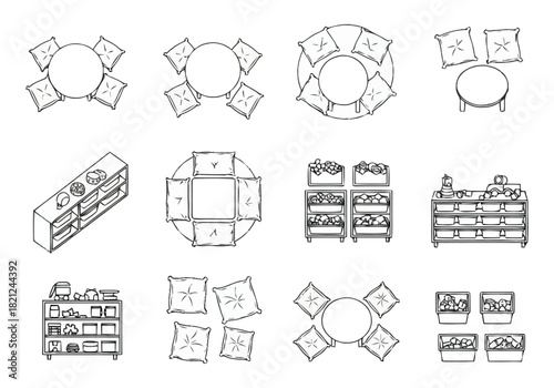 Hand Drawn Furniture and Arrangement Icons Top View and Isometric Views for Interior Design Planning furniture icons interior design architecture