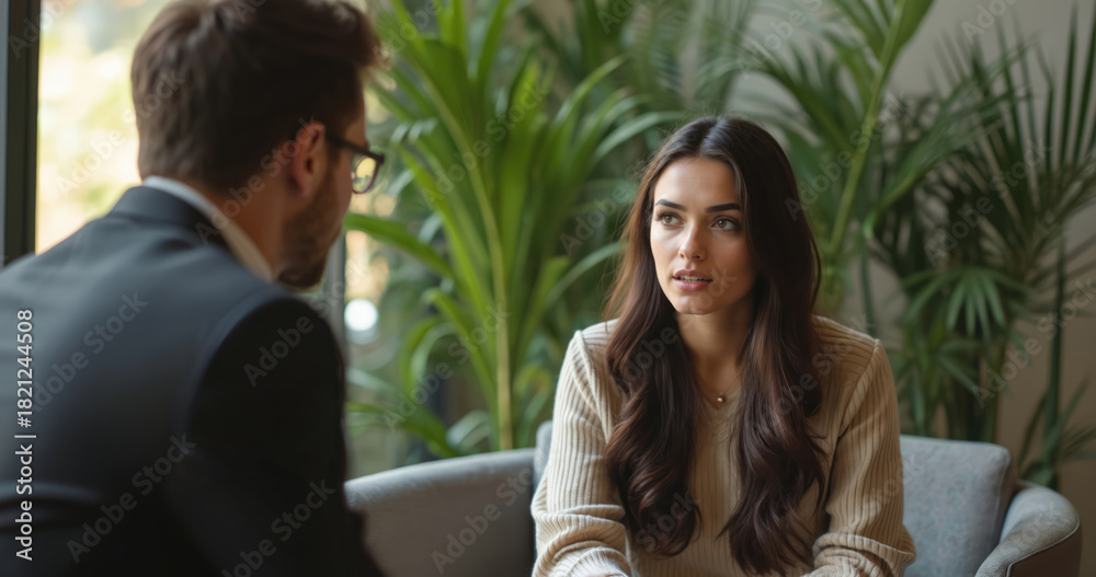 Fototapeta premium Young woman listens attentively during job interview. Man in suit asks questions in modern office with green plants. Career opportunity discussion, hiring process in contemporary workplace.