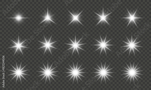 Star light and sparkle effect with glint and shine bright vector png design. Transparent glitter, flare for Christmas fantasy magical celebration. Holiday decoration, lens effect and starlight burst