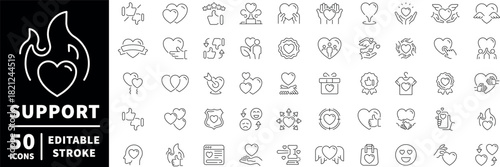 Support and care icons set. editable line icons, outline, help and compassion symbols