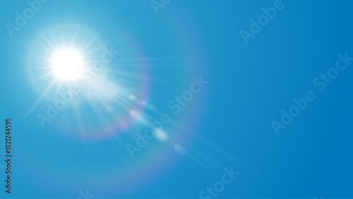 Sun and sunlight flare in blue sky. Sunshine with lens effect. Solar ray summer background, bright warm halo with optical beam. Sunrise glow, fantasy magic and realistic sparkle vector illustration
