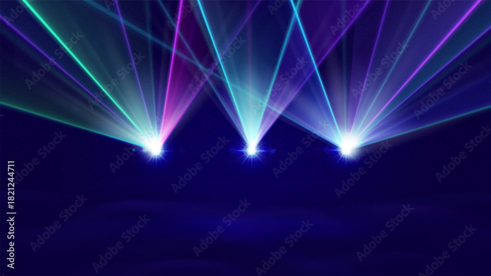 Fototapeta premium Laser light show with blue beam and stage background for concert or dj and disco event. Vector effect neon spotlight and music technology for club and nightlife poster. Rays bright scanner design
