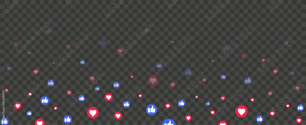 Naklejka premium Heart like flying media icons. Social media emoji with thumb up isolated icon for reaction. Live stream network pattern of share button. Marketing banner, web vector background