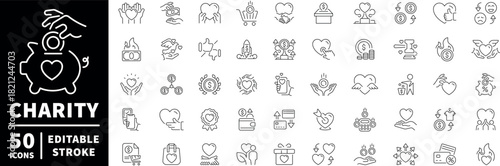 Charity and donation icons set. line, editable line icons, aid and support symbols