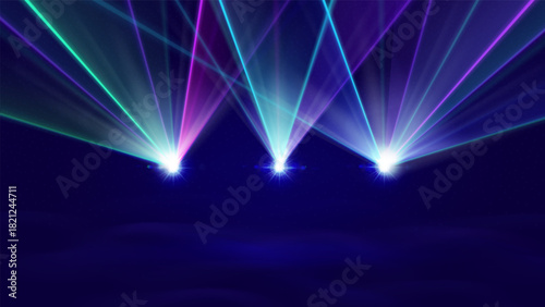Laser light show with blue beam and stage background for concert or dj and disco event. Vector effect neon spotlight and music technology for club and nightlife poster. Rays bright scanner design
