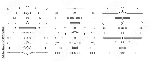 Line divider text border, art deco decorative frame minimal design. Vintage ribbon and horizontal ornament for header or footer vector set. Wedding invitation, book page modern retro embellishment