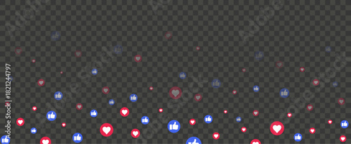 Heart like flying media icons. Social media emoji with thumb up isolated icon for reaction. Live stream network pattern of share button. Marketing banner, web vector background